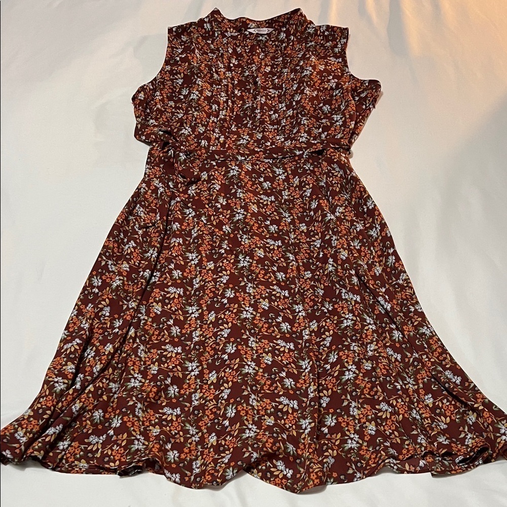 Nanette Lepore Brown Floral Print Sleeveless Dress with Lining & Belted Waist